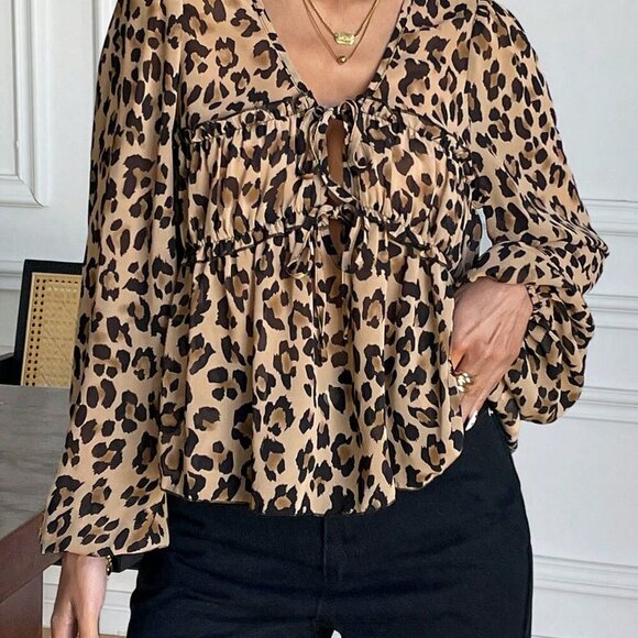 Multicolor Casual Women's Front Tie Long Sleeve Leopard Print Shirt - Picture 5 of 7